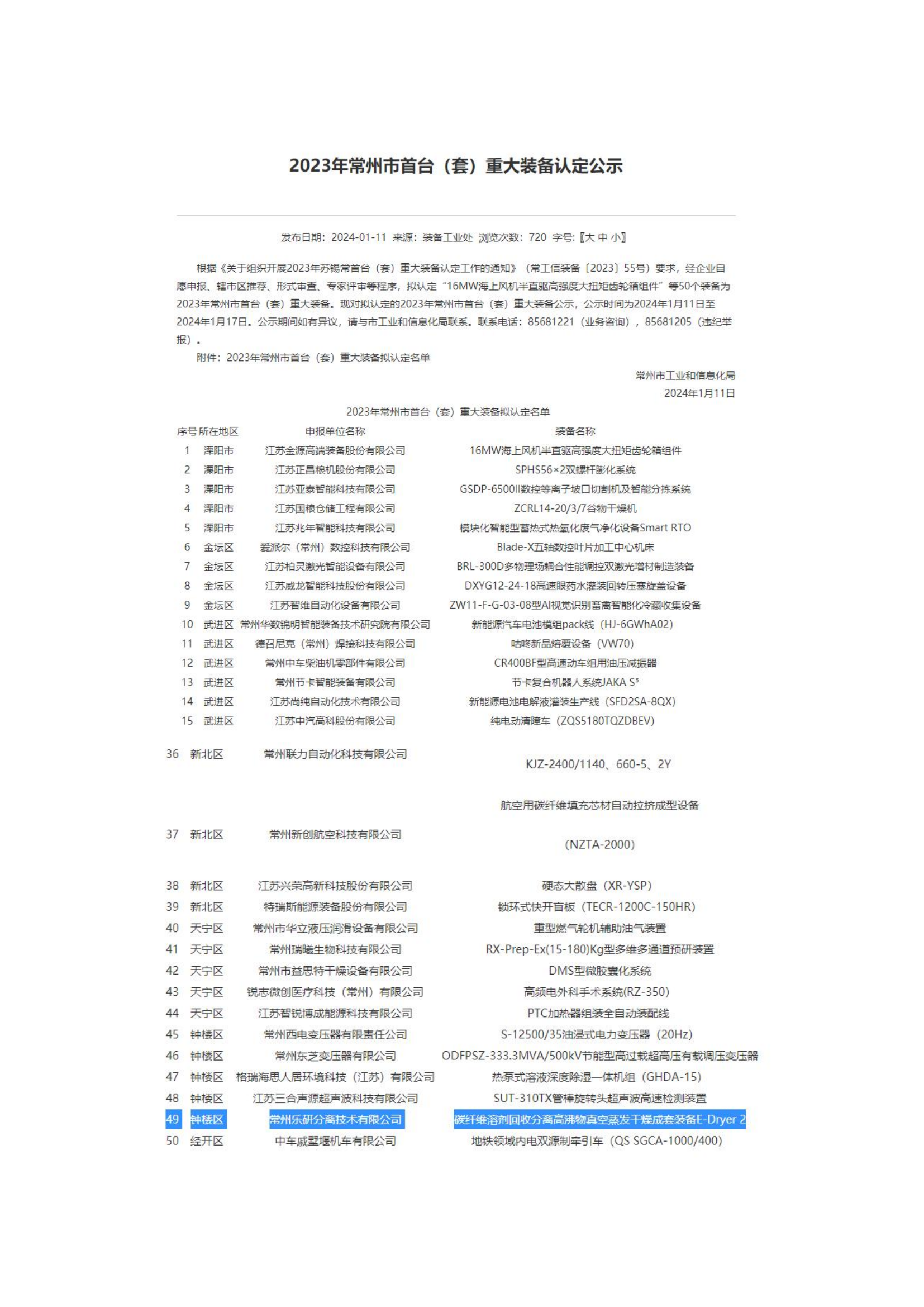 常州樂研分離技術(shù)有限公司通過2023年首臺（套）重大裝備認(rèn)定